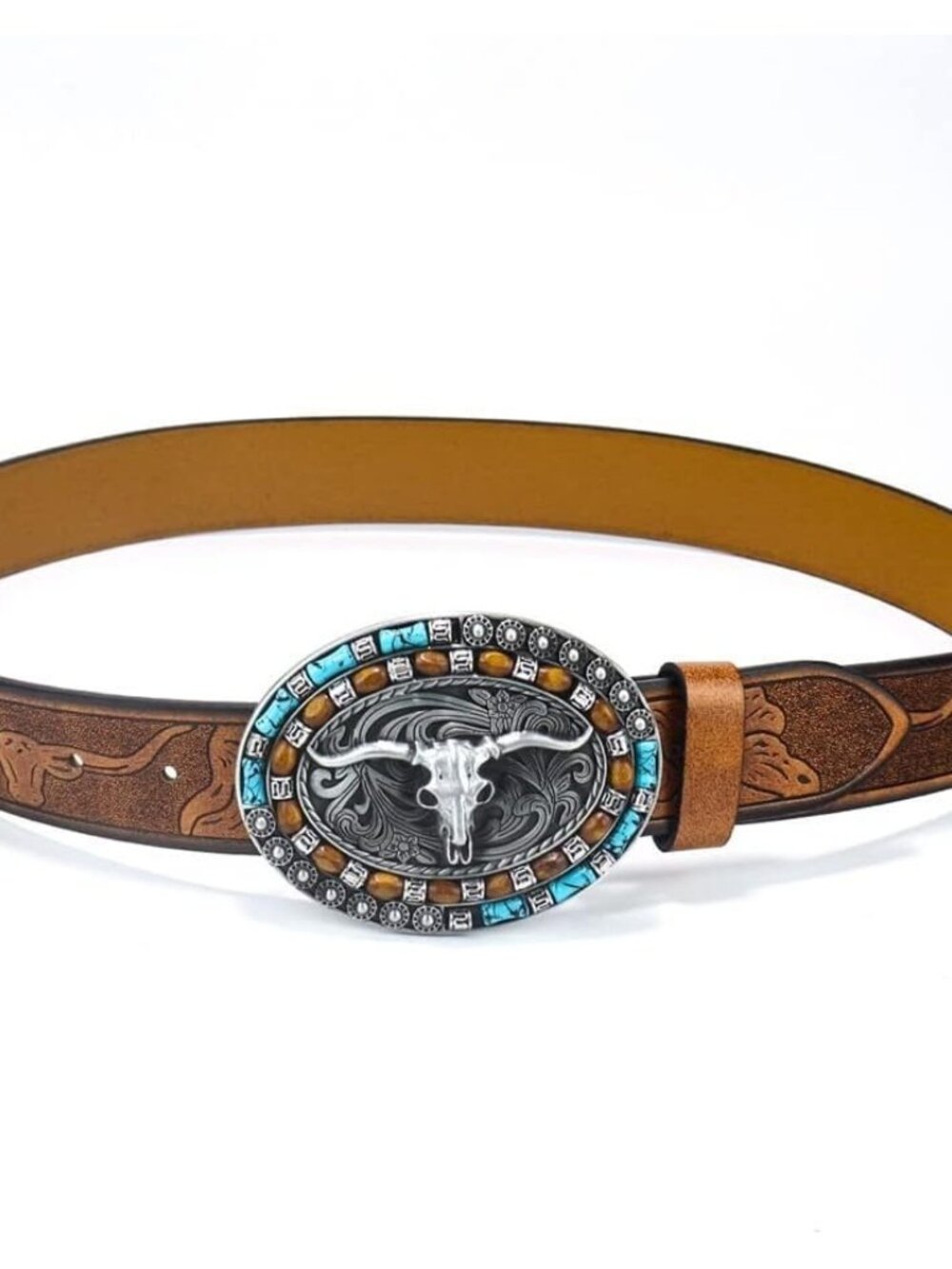 Women's Brown Western Pu Leather Longhorn Bull Turquoise Embossed Buckle Belt - Picture 7 of 7